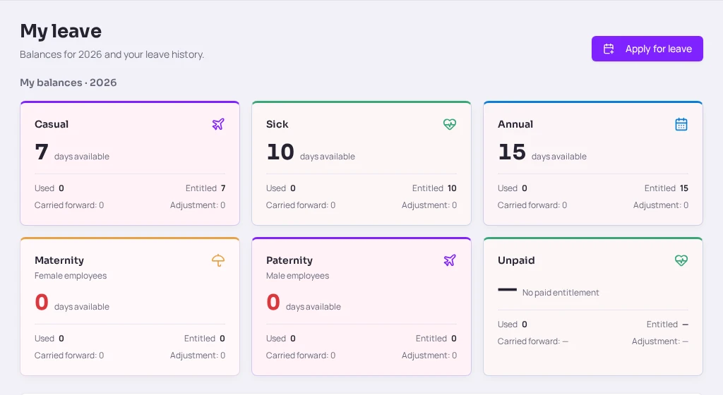 Emerj My Leave interface with individual coloured balance cards