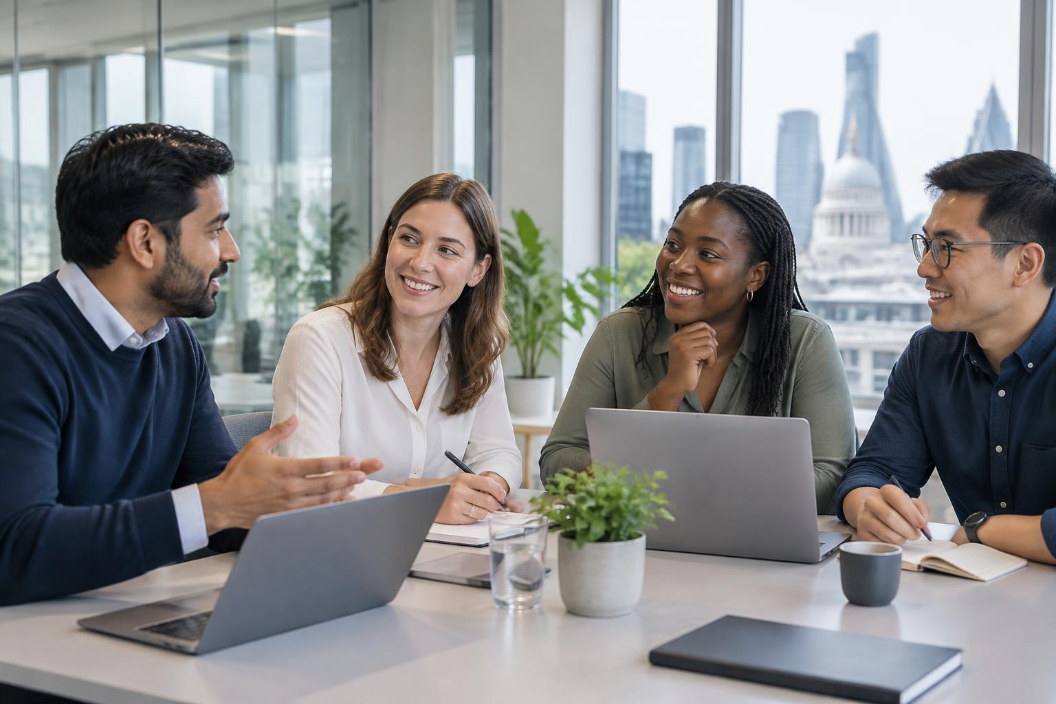 Colleagues collaborating around a table in a bright modern UK workplace