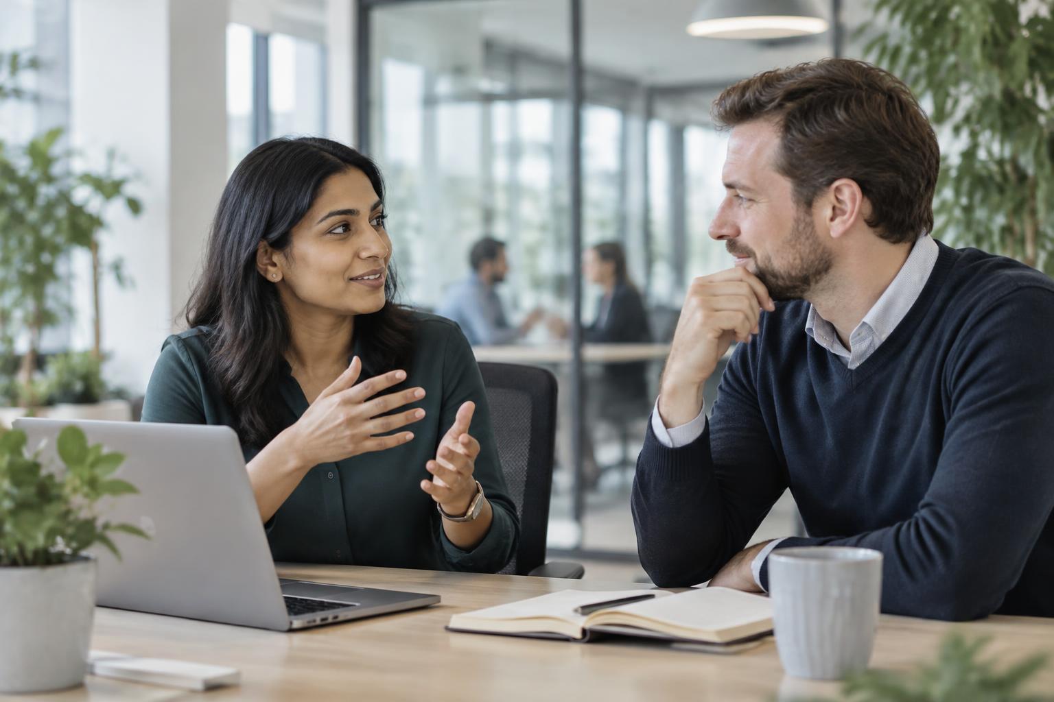 An HR professional and colleague talking in a naturally lit contemporary office
